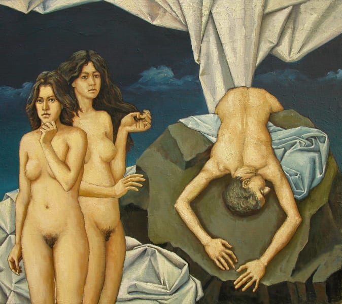 Nudes in a landscape among white drapery under a blue sky. sans titre, 1985, Oil on canvas