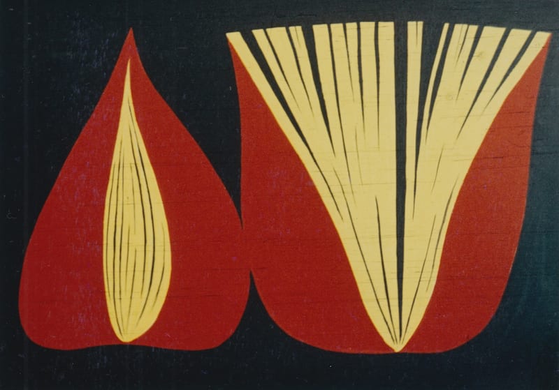 Two red forms on a dark ground with yellow lines: one closed, one opened like a fan. Les deux Évangiles, 1987, Tempera on cardboard