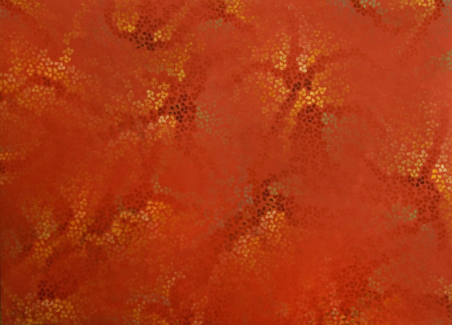 Thousands of small seed-shaped marks repeated across the canvas. afactum, 1999, Acrylic, oil on canvas, 50 x 70 cm