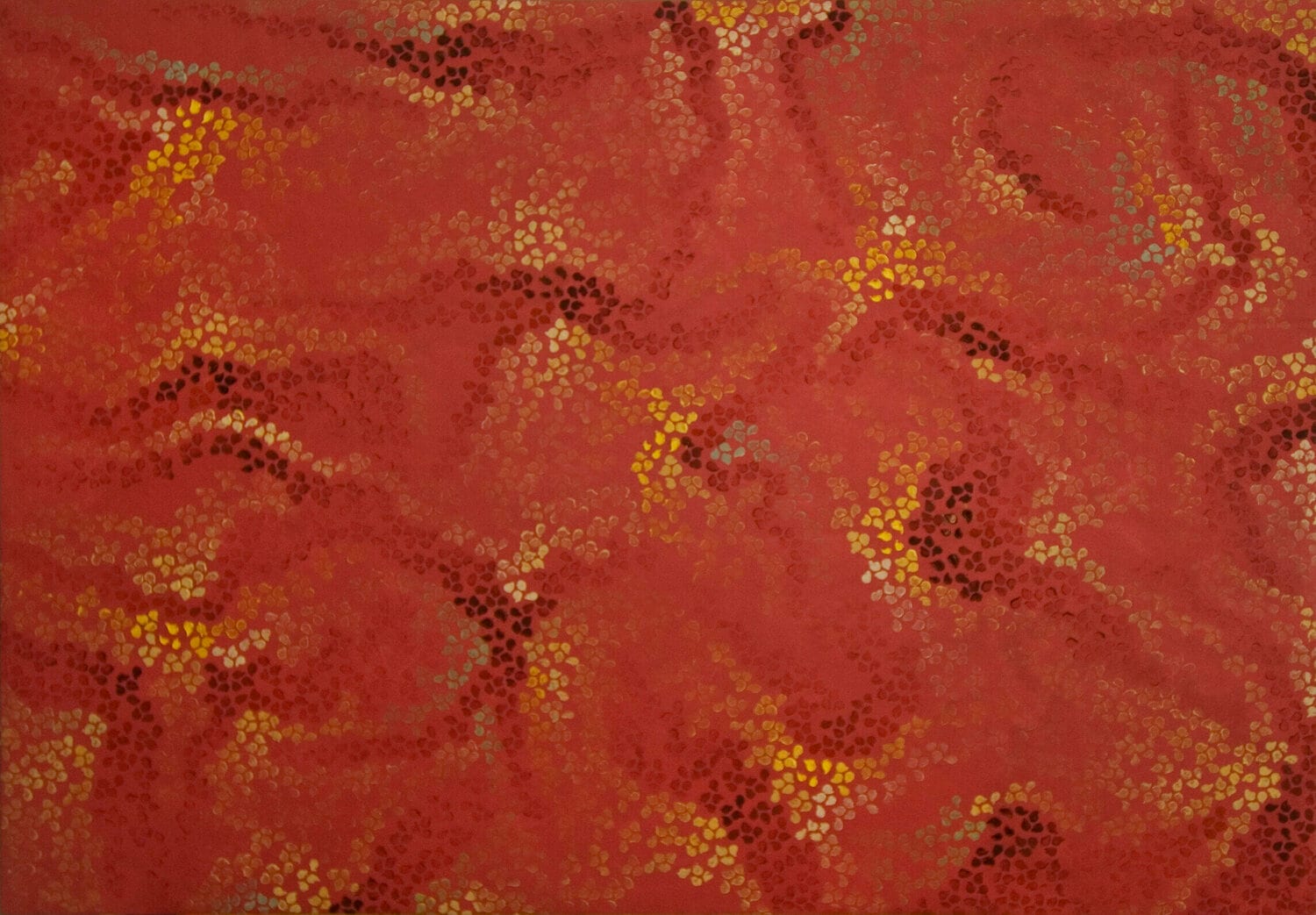 Thousands of small seed-shaped marks repeated across the canvas. afactum, 2001, Acrylic, oil on canvas, 50 x 70 cm