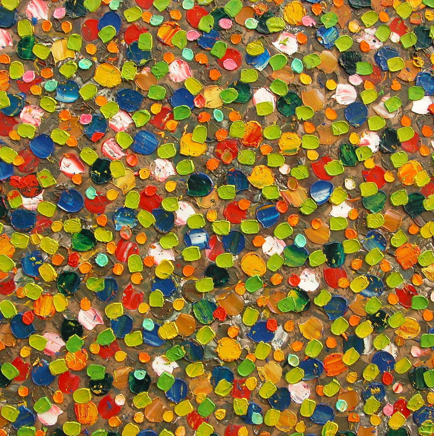 Round impasto dabs of colour, repeated. Afactum, 2005, Acrylic, oil on canvas, 53 x 53 cm