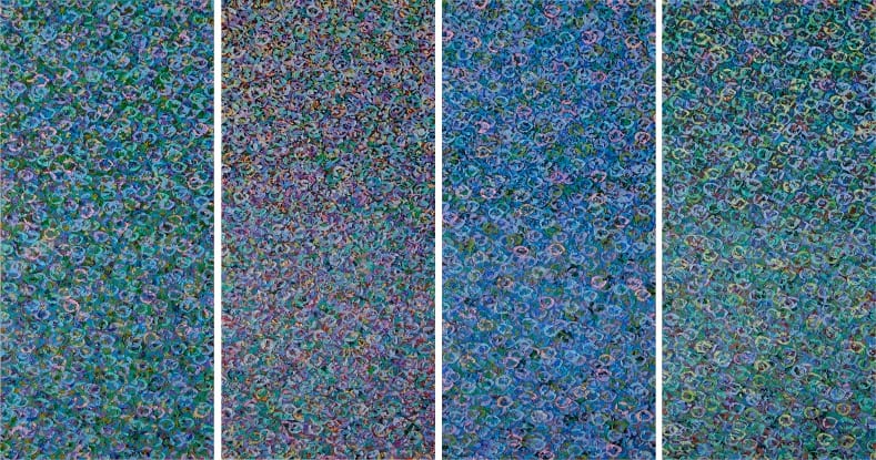 Four panels covered with small repeated marks. afactum, 2007, Acrylic gel on canvas, polyptych