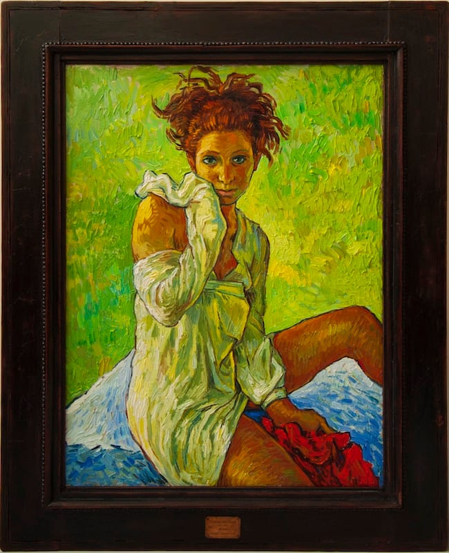 A seated figure in a white shirt painted in Van Gogh’s manner, in an old frame with a label. Van Gogh, «Afactum» (d'après Achot Achot), 2010, Oil on canvas