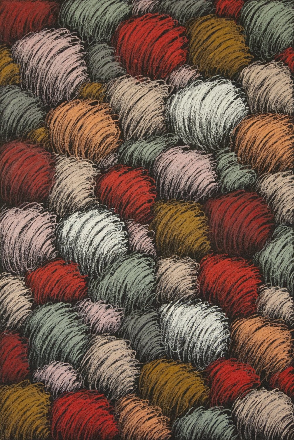 Rounded tufts of fine hatched strokes. AFACTUM, 2012, Oil on canvas, 120 x 80 cm