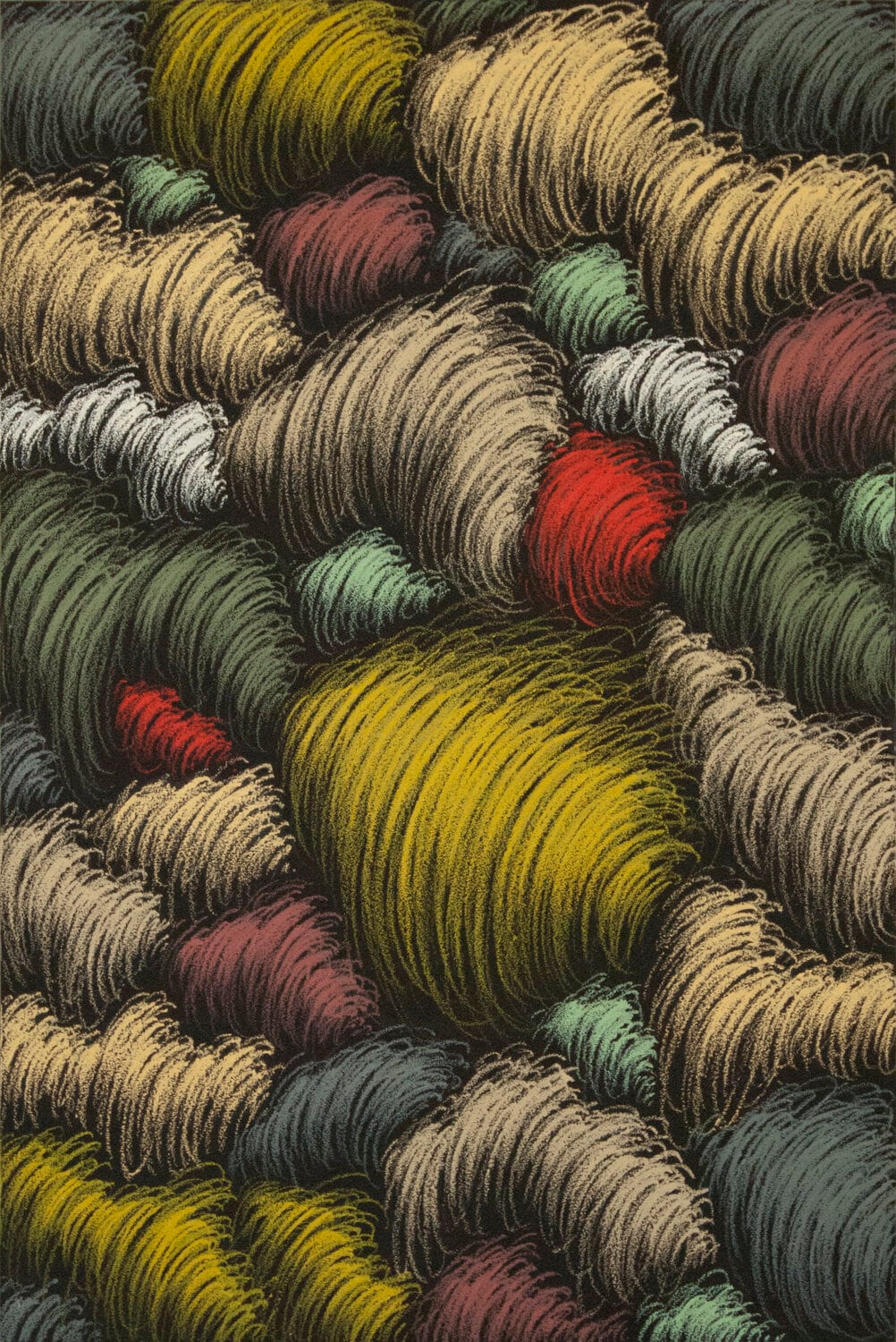 Rounded tufts of fine hatched strokes. AFACTUM, 2012, Oil on canvas, 120 x 80 cm
