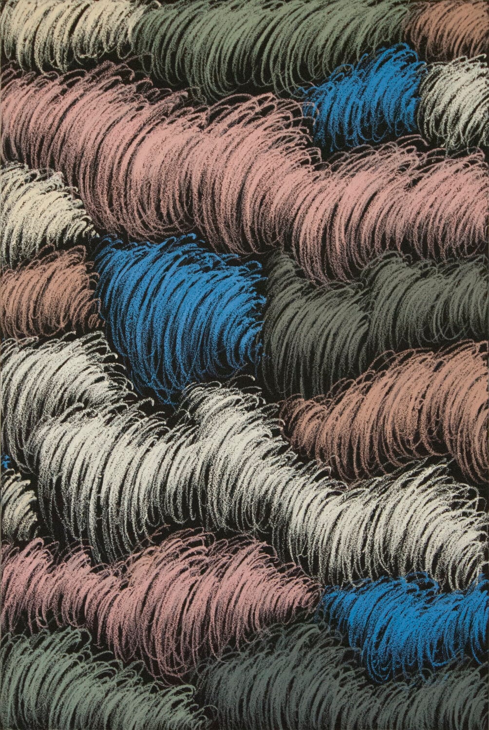 Rounded tufts of fine hatched strokes. AFACTUM, 2012, Oil on canvas, 120 x 80 cm