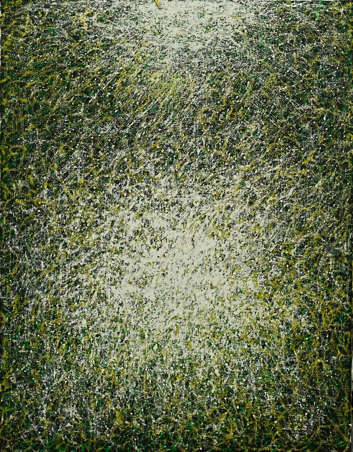 A dark green field of strokes with light at its centre. afactum, 2020, Acrylic, oil on cardboard, 62 x 47 cm