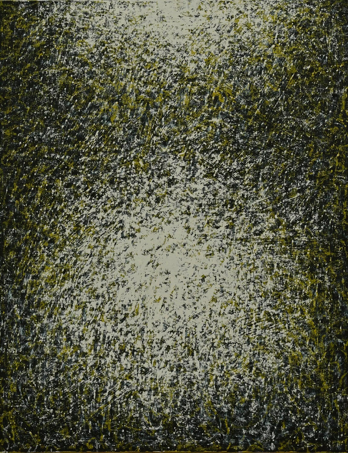 A dark green field of strokes with light at its centre. afactum, 2020, Acrylic, oil on cardboard, 51 x 40 cm