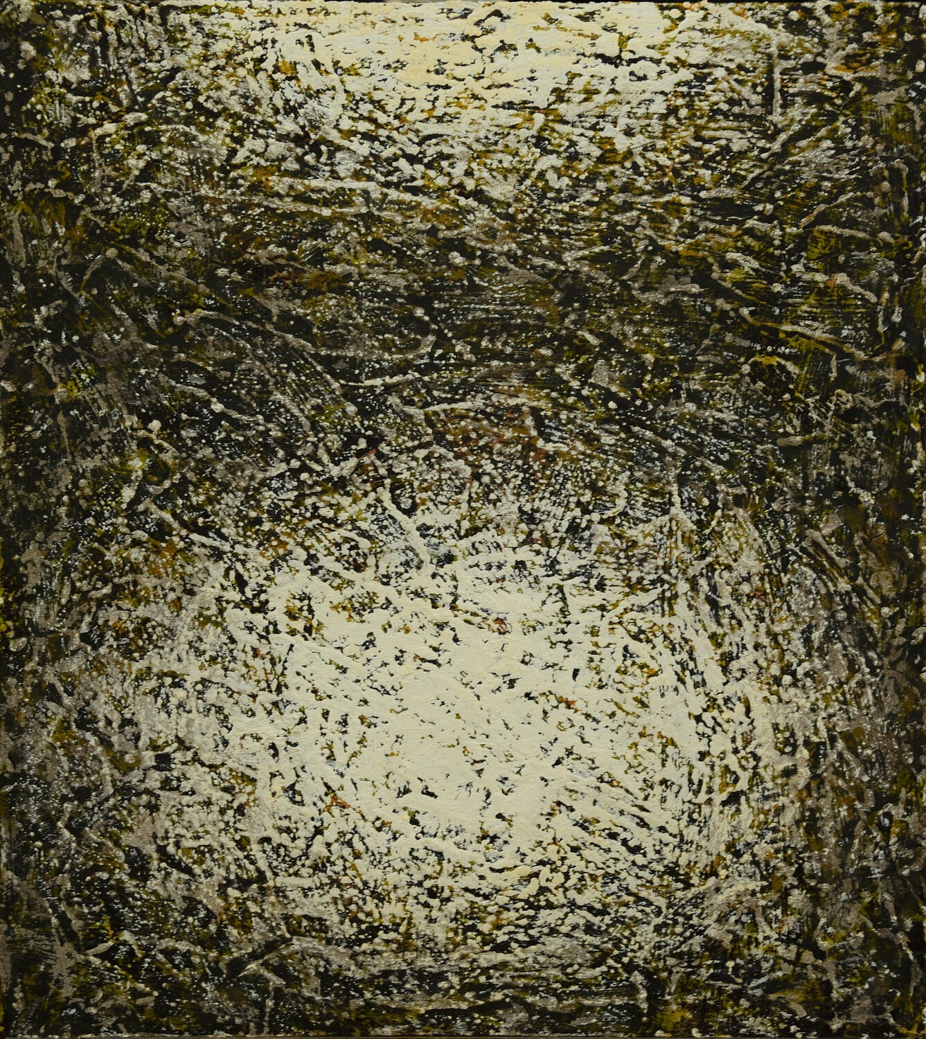 A dark green field of strokes with light at its centre. afactum, 2020, Acrylic, oil on cardboard, 36 x 29 cm