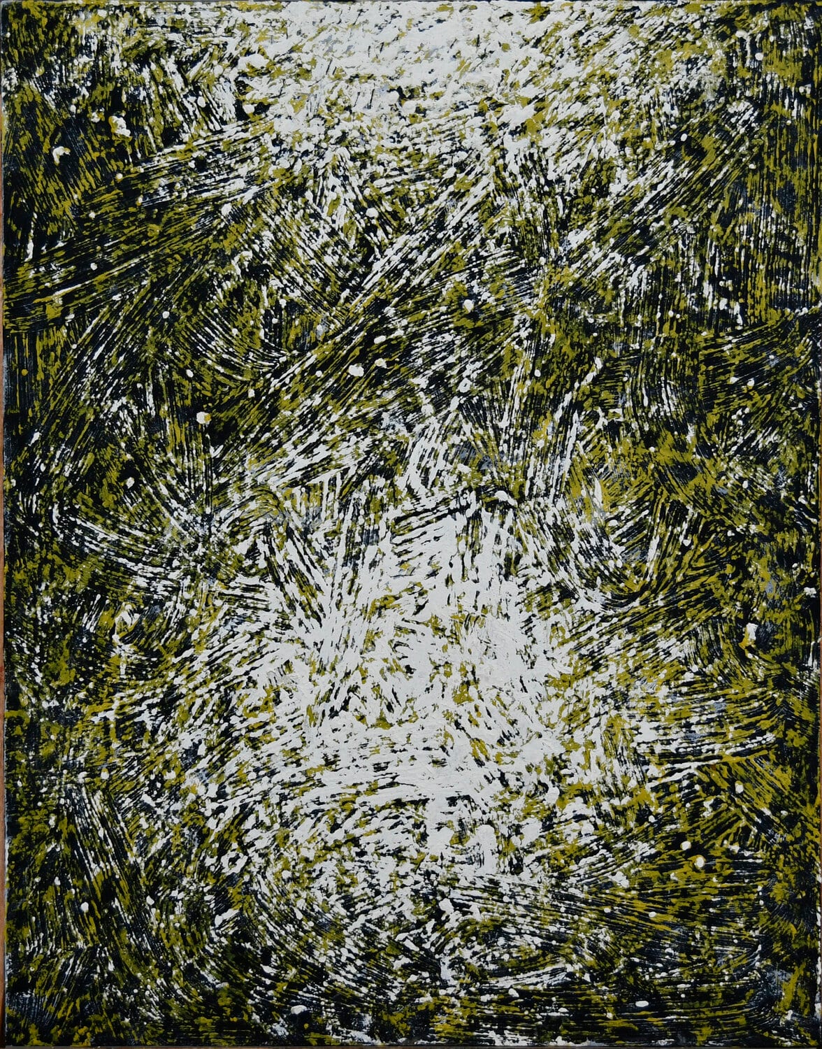 A dark green field of strokes with light at its centre. afactum, 2020, Acrylic, oil on cardboard, 33 x 29 cm