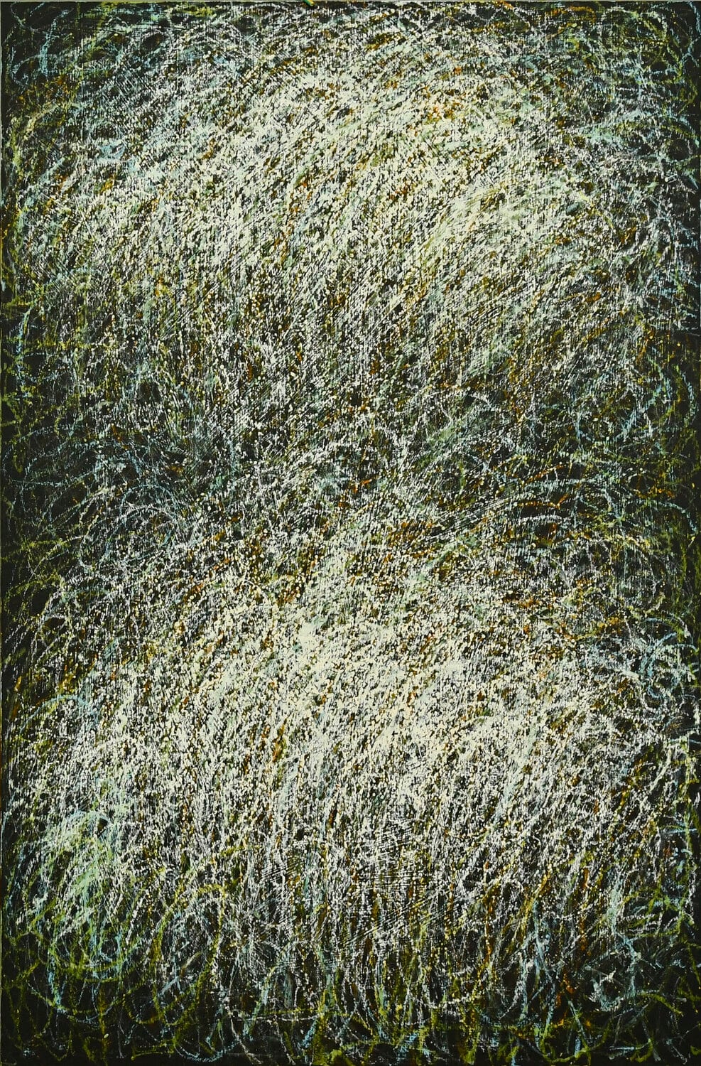 A dark green field of strokes with light at its centre. afactum, 2020, Acrylic, oil on cardboard, 65 x 45 cm